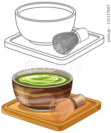 Matcha Green Tea Bowl with Bamboo Whisk on Wooden Tray 135117607