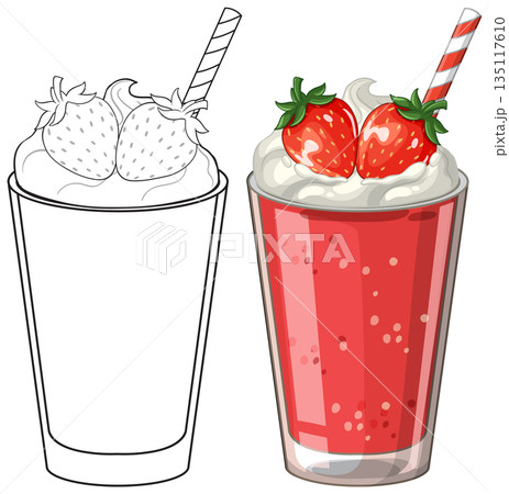 Strawberry Smoothie Vector Illustration with Coloring Page Version 135117610