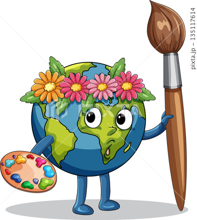 Cute Cartoon Earth Character Painting with Brush and Palette 135117614