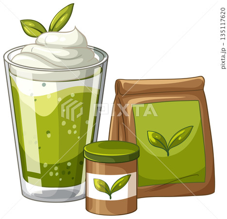 Matcha Green Tea Smoothie with Powdered Tea Bag and Jar 135117620
