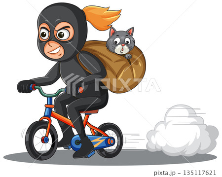 Female Burglar on Bicycle Carrying Cat in Sack 135117621