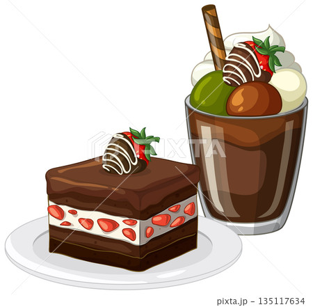 Chocolate Strawberry Layer Cake and Matcha Parfait Dessert Illustration Chocolate Strawberry Layer Cake and Matcha Parfait Dessert Illustration 135117634