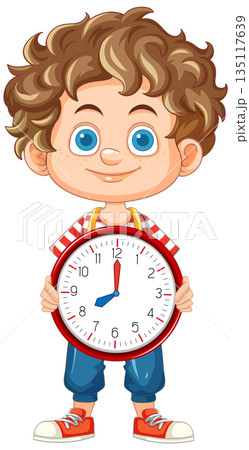 Curly Haired Boy Holding Large Analog Clock 135117639