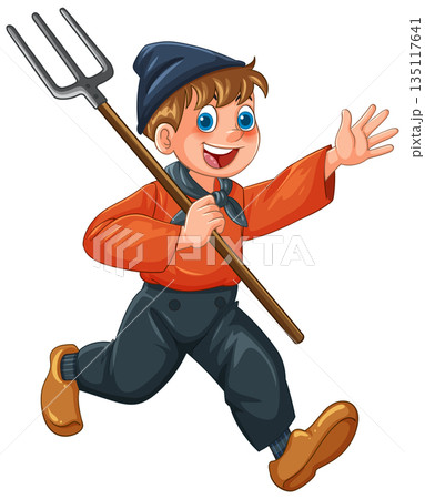 Smiling Dutch Boy Running With Pitchfork Illustration 135117641