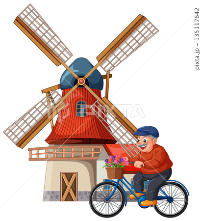 Elderly Man Cycling Past Traditional Windmill with Flowers 135117642