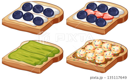 Assorted Toast Slices with Fruit Spreads and Sweet Toppings Vector Illustration Assorted Toast Slices with Fruit Spreads and Sweet Toppings Vector Illustration 135117649