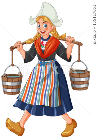 Dutch Girl Carrying Water Buckets in Traditional Costume 135117651