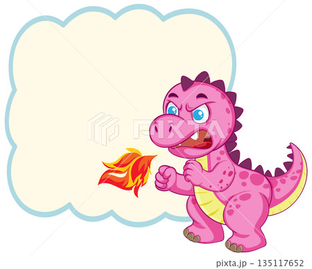 Angry Pink Cartoon Dinosaur Breathing Fire with Speech Bubble 135117652