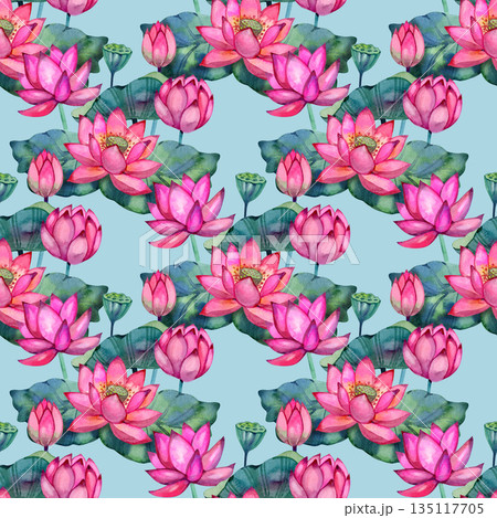 Watercolor seamless pattern with blooming pink lotus flowers, lush leaves, and seed pods. Calm botanical design suitable for textiles, wellness themes, spa prints, wallpapers, and elegant natural 135117705