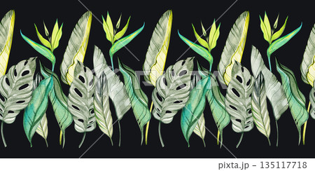 Watercolor tropical leaf border with layered exotic greenery and delicate botanical details, ideal for packaging, textiles, invitations, branding, and elegant decorative designs. Watercolor tropical leaf border with layered exotic greenery and delicate botanical details, ideal for packaging, textiles, invitations, branding, and elegant decorative designs. 135117718