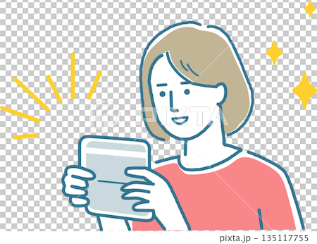 A woman looking at her bankbook with joy 135117755