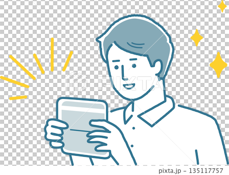 通帳を見て喜んでいる男性 135117757