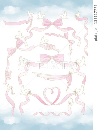 リボンと鳩のエレガントなフレーム・装飾セット 135117773