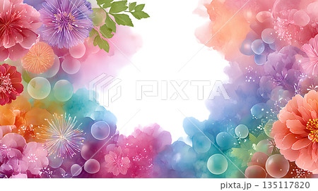 パステルカラーの花に囲まれたやさしい背景フレーム パステルカラーの花に囲まれたやさしい背景フレーム 135117820