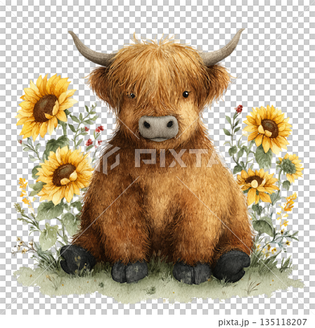 Adorable fluffy Highland cow calf sits peacefully surrounded by vibrant blooming sunflowers and delicate greenery, evoking a sense of rustic charm and gentle nature for charming designs. 135118207