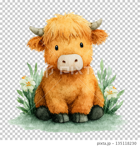 Adorable watercolor Highland cow calf sitting amongst lush green grass and delicate white wildflowers, perfect for nursery decor and charming children's book illustrations Adorable watercolor Highland cow calf sitting amongst lush green grass and delicate white wildflowers, perfect for nursery decor and charming children's book illustrations 135118230