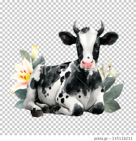 Charming watercolor calf resting peacefully amidst delicate lilies and lush greenery, evoking a serene pastoral farm aesthetic for your designs. 135118231