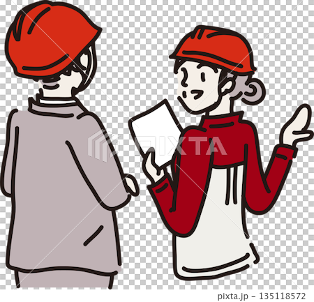 ヘルメットをかぶり来客に説明する赤色の作業服を着た女性 135118572