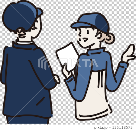 A woman wearing a hat and blue work clothes explaining to a visitor A woman wearing a hat and blue work clothes explaining to a visitor 135118573
