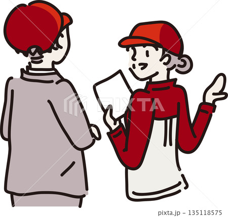 帽子をかぶり来客に説明する赤色の作業服を着た女性 135118575