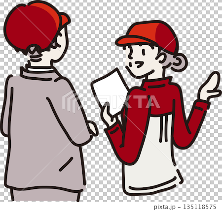 帽子をかぶり来客に説明する赤色の作業服を着た女性 135118575