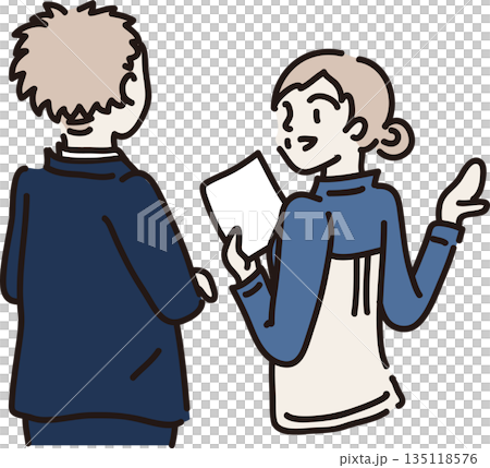 来客に説明する青色の作業服を着た女性 135118576