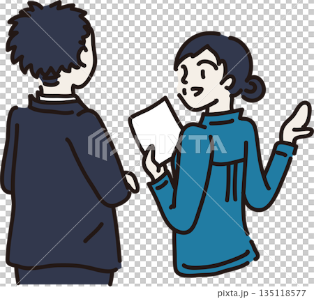 来客に説明する青色の作業服を着た女性 135118577