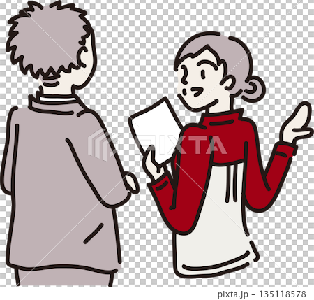 一位穿著紅色工作服的女士正在向一位訪客講解 一位穿著紅色工作服的女士正在向一位訪客講解 135118578