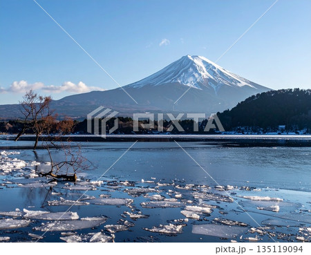 【AI生成画像】冬の湖面に浮かぶ薄氷と美しい富士山 【AI生成画像】冬の湖面に浮かぶ薄氷と美しい富士山 135119094
