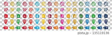 永續發展目標彩色數字圖示集。包含放大鏡、便籤紙等形狀。向量圖，白色背景。 135119136