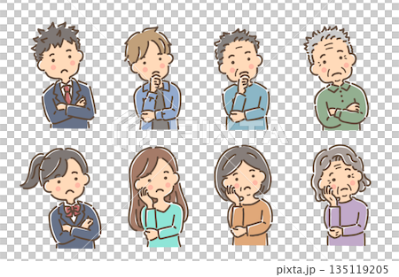 首をかしげて考え事をしている人物／セット 135119205