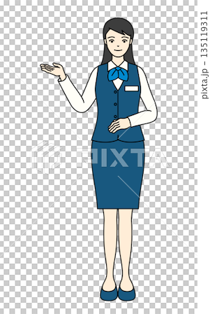 A receptionist in a blue uniform posing to give directions and explanations A receptionist in a blue uniform posing to give directions and explanations 135119311