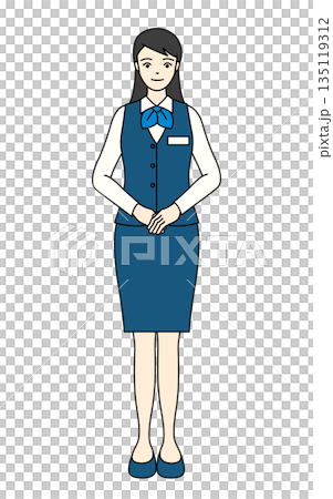 A female receptionist in a skirt uniform with her hands clasped and smiling A female receptionist in a skirt uniform with her hands clasped and smiling 135119312