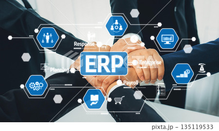 Collaborative Hands Symbolizing Teamwork and Innovation in Enterprise Resource Planning Concept with Digital Icons and Elements. Amity 135119533