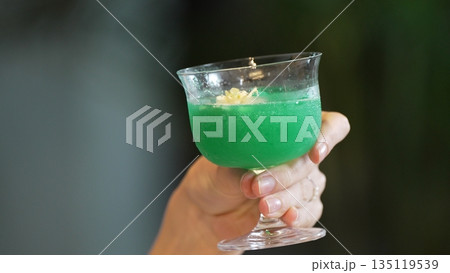 Portrait smiling beautiful woman with Grasshopper cocktail drinking. Vinosity. 135119539