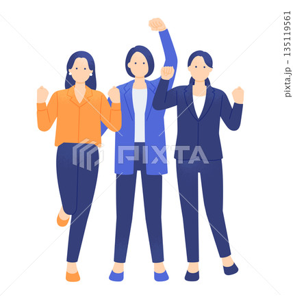 成功と達成感に満ちたビジネスチーム。楽しげにガッツポーズをする女性のイラスト素材。 135119561