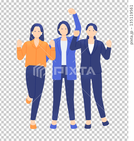 成功と達成感に満ちたビジネスチーム。楽しげにガッツポーズをする女性のイラスト素材。 135119561