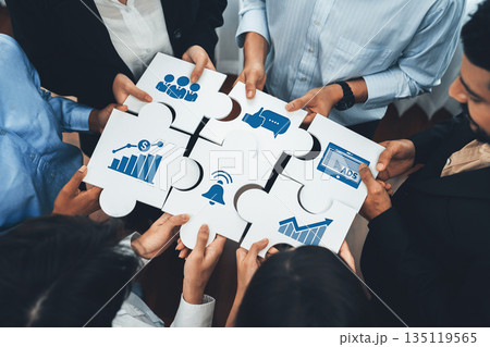 Collaborative Teamwork Represented by Puzzle Pieces, Visualizing Marketing Strategies, Data Analysis, Communication, and Business Growth Concepts. Amity 135119565