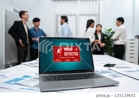 Virus warning alert on computer screen detected brisk cyber threat 135119632