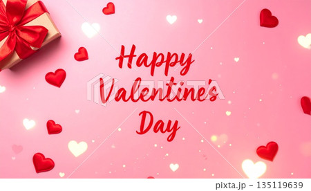プレゼントとハートに囲まれたハッピーバレンタインデーの文字　バレンタイン素材 135119639