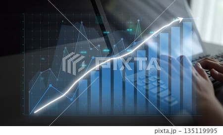 Modern financial analysis with data visualization, digital screen displaying graphs, charts, and upward trends on laptop keyboard in office environment Copula Modern financial analysis with data visualization, digital screen displaying graphs, charts, and upward trends on laptop keyboard in office environment Copula 135119995