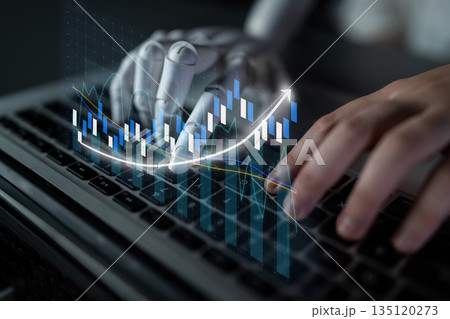Robotic Hand Typing on Laptop with Digital Charts and Graphs Representing Data Analysis and Technology Advancement in Business and Finance Impute Robotic Hand Typing on Laptop with Digital Charts and Graphs Representing Data Analysis and Technology Advancement in Business and Finance Impute 135120273