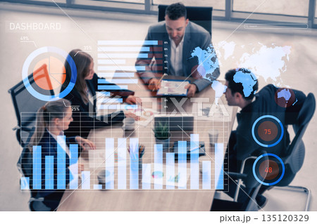 Business Team Meeting with Digital Dashboard and Data Visualization in Modern Office Setting Impute 135120329
