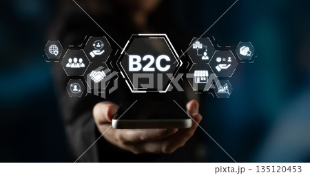 B2C Business Model with Consumer Delivery, Retail, and Growth Icons Spline B2C Business Model with Consumer Delivery, Retail, and Growth Icons Spline 135120453