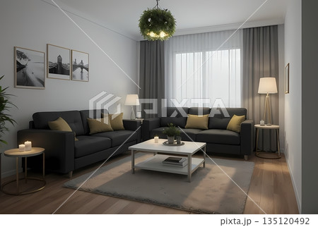 リビングルームのリビングダイニングテーブルとソファ 135120492
