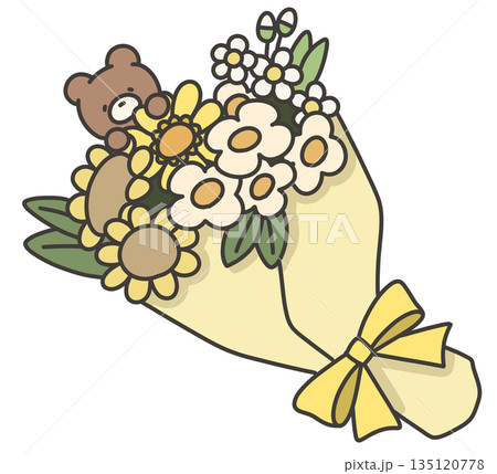 黄色い花束とクマのぬいぐるみのイラスト 黄色い花束とクマのぬいぐるみのイラスト 135120778