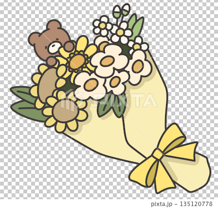 黄色い花束とクマのぬいぐるみのイラスト 黄色い花束とクマのぬいぐるみのイラスト 135120778