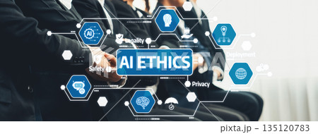 AI Ethics Discussion in Business Setting with Visual Icons Representing Safety, Privacy, and Accountability in Technology. Amity 135120783