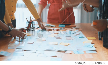 Close up of smart developer team using mind map to brainstorm idea. Symposium. 135120807