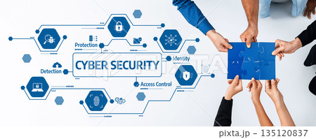 Collaborative Efforts in Cyber Security with Hands Reaching for Solutions and Icons Representing Protection and Access Control. Amity 135120837